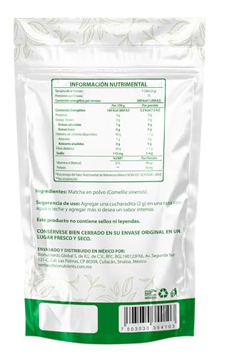 Wellthy Superfoods Té Matcha en Polvo 150g. 75 Porciones Por Envase, Certificado Orgánico, 100& Natural, Excelente para Bebidas Frías o Calientes. Bottle Free.