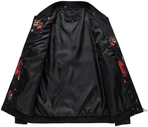 HENGAO Men's Casual Zipper Front Flowers Print Lightweight Varsity Jacket, JK776 Black, S/36 = Tag L
