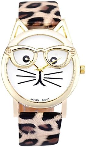 Redvive Cute Glasses Cat Women Analog Quartz Dial Wrist Watch (Khaki)