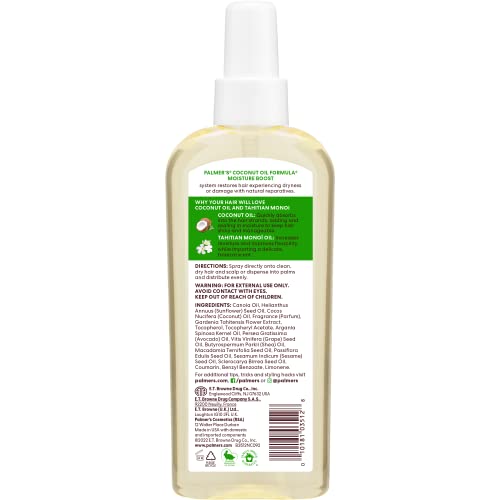 PALMER’S COCONUT OIL MOISTURE BOOST, RESTORATIVE HAIR AND SCALP OIL SPRAY, LASTING HYDRATION AND SHINE FOR DRY OR DAMAGED HAIR, PROMOTES SCALP HEALTH, 5.1 OZ