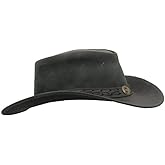 Walker and Hawkes Cowhide Antique Explorer Outback Hat - Wide Brim Waterproof UPF 50+ Leather Hat with Removable Chin Strap