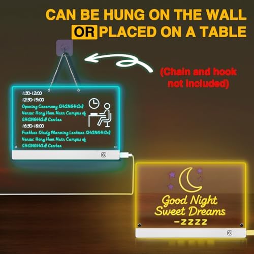 Tablero Acrílico Luminoso con Mensaje LED 30x20cm, Tablero de Notas Acrílico con 7 colores Bolígrafo,Soporte Ajustable,Tablero de Mensajes LED, Tablero de Notas LED Limpiable,para Niños, Adultos