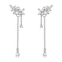 MSECVOI 925 Sterling Silver Leaves Wrap Earrings Crawler for Women Dainty Flowers Threader Tassel Chain