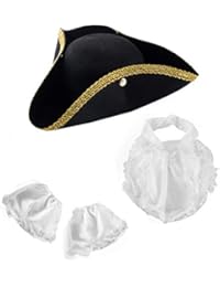 Funny Party Hats Colonial Costume - 3 Pc Set - Tricorn Hat with Colonial Jabot and Cuffs - Pirate Costume Accessories - Colonial Costume Accessories