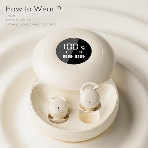 sunvito Sleep Earbuds for Side Sleepers, Mini Invisible Wireless Bluetooth 6.0 Micro Sleep Headphones, Hidden Earbuds with LED Screen for Small Ears Sleeping, Exercise, Working, Hiking (Off-White)