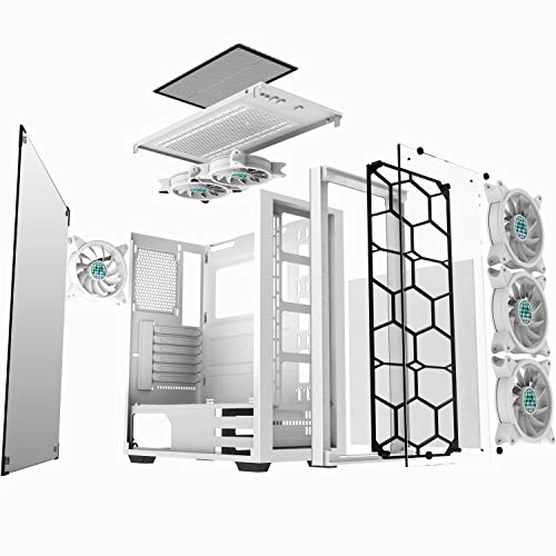 MUSETEX ATX Mid-Tower Chassis with USB 3.0, 6 PCS 120mm Fans ARGB Lighting System Voice Remote Control, 2 Tempered Glass Panels PC Gaming Case,White