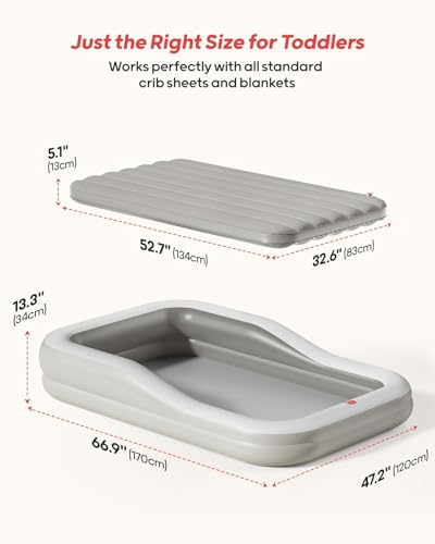 QPAU Inflatable Toddler Travel Bed, Portable Kids Air Mattress, Separate Mattress Design, Nice for Home, Grandma's, Camping, and Vacation (Light Gray)