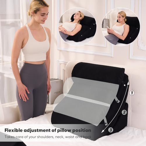 OAISZ 4 PCS Wedge Pillow Set for After Surgery, Memory Foam Orthopedic Bed Wedge Pillow Set, Adjustable Bed for Sleeping, Acid Reflux Relief, Post Surgery Recovery, Back Support, Leg Elevation, Black