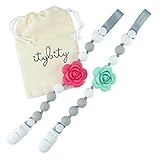 Pacifier Clip Girl, BPA Free Silicone Teether, Set of 2 (Soft Gray/Coral/Mint/White)