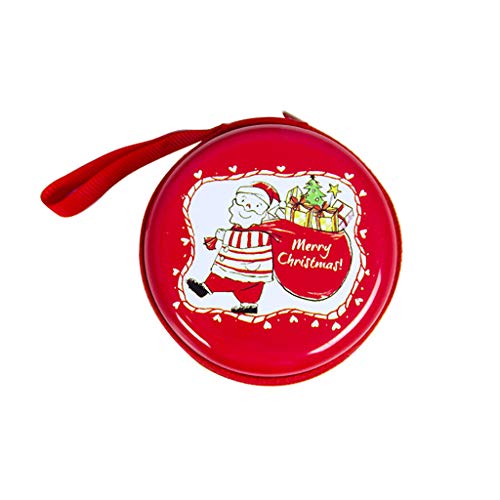 Monoche Lightweight Earbud Cases Round Santa Snowman Cute Tinplate Creative Headphones Storage Box with String Also Perfect for Coin Bluetooth Storage (Red)
