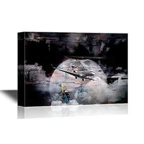 Canvas Wall Art - Airplane Flying Over The Earth Abstract Flight Art - Gallery Wrap Modern Home Art | Ready to Hang - 12x18 inches