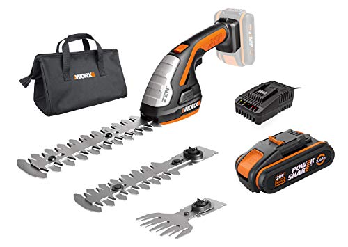 WORX 3 en 1 Set Sculpte-Haies et Taille-Herbes sans Fil WG801E.4, Tondeuse à Gazon 18V (20V Max) 2,0Ah, 3 Lames(20cm&12cm Lames d'arbustes, 10cm Lame de Cisaille), avec Sac
