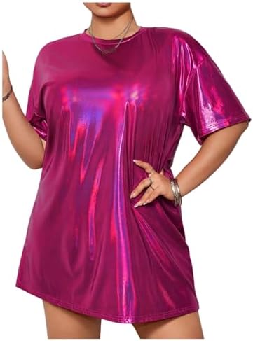 WDIRARA Women's Plus Size Metallic Short Sleeve Round Neck T Shirt Party  Tee Top Hot Pink 0XL at Amazon Women's Clothing store