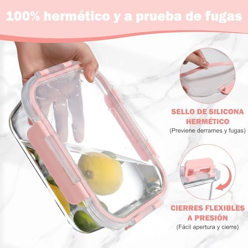 10 Piezas Recipientes de Vidrio con Tapas Herméticas, Reutilizables, Apto para Microondas, Horno, Congelador y Lavavajillas, Sin BPA, Fiambrera Cristal, Rosa