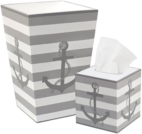 Allen G Designs Hand Painted Wooden Wastebasket and Tissue Box Set - Grey Anchor