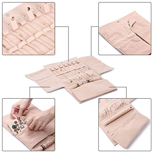 Becko Jewelry Organizer Roll Travel Jewel Bag case for Multiple Necklaces, Rings, Bracelets, Supple Leather & Suede, Large Capacity Without Crease, Lightweight, Portable & Practical (Pink)
