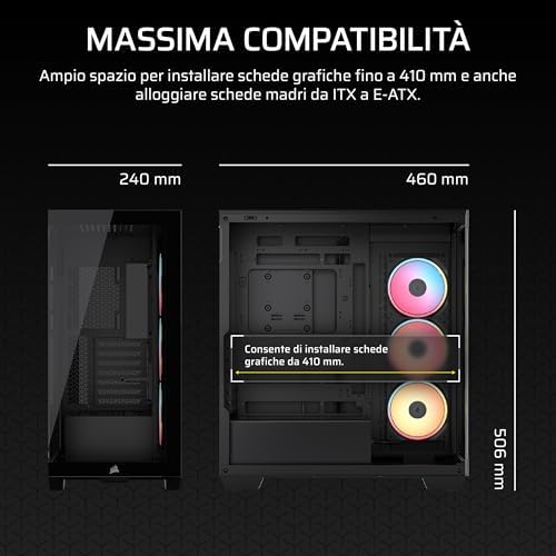 3500X LX-R RGB iCUE LINK Case PC Mid-Tower Panoramico – 3 Ventole LX120-R RGB Preinstallate, Include Hub di Sistema iCUE LINK, Fino a 10 Ventole da 120mm – Nero