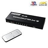 2x4 HDMI Splitter HDMI Switch Splitter 4 Out 2 in, NEWPOWER 2 in 4 Out HDMI Splitter with SPDIF Audio 3.5mm, Support HD 4K, 3D, 1080P