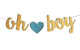FECEDY Gold Glittery OH BOY Banner with Heart for Baby Shower