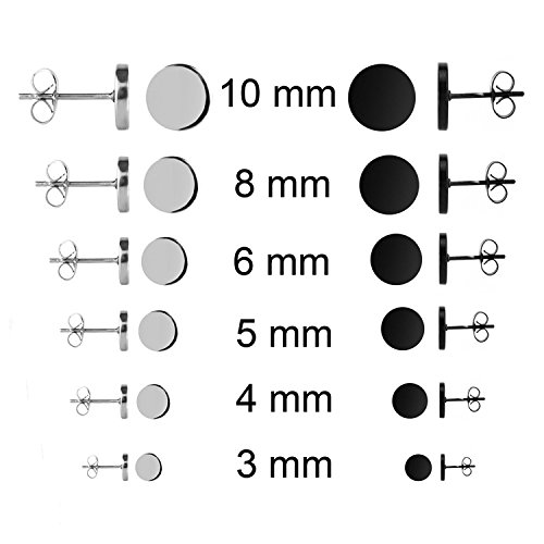 JewelrieShop Dot Stud Earrings Assorted Stainless Steel Flat Round Stud Earrings Circle Tunnel Men Stud Earrings (3mm-10mm, Silver, Black Stud Earrings)