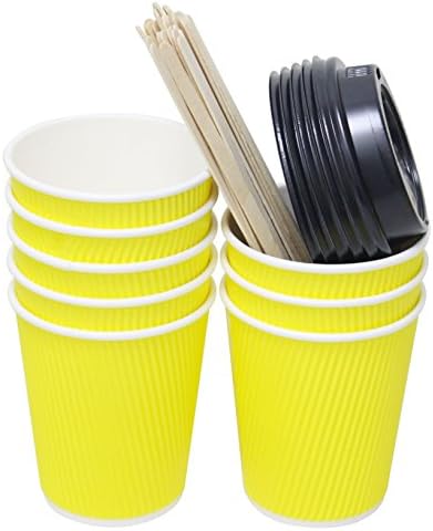 QuaCity Set of 50 Insulated Disposable Ripple Cups 8 Oz with Black Lids and Wood Stirrers - Perfect for Hot and Cold Beverages - No Soaking or Smells - Take To Go (Yellow)