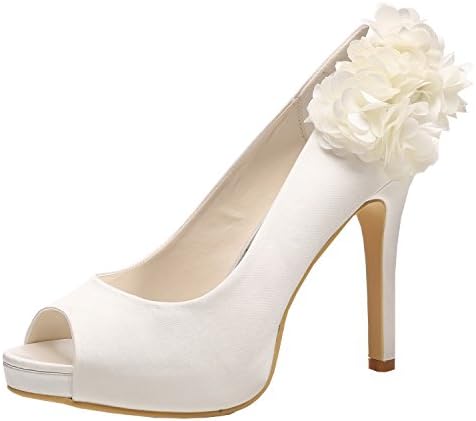 M MULGARIA Women High Heel Pumps Platform Peep Toe Flowers Satin Evening Prom Wedding Shoes (EU 39/7.5B(M) US, Ivory)