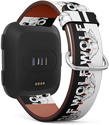 Stencil Typographical Wolf - Patterned Leather Wristband Strap Compatible with Fibit Versa,Replacement for Versa Watch Band