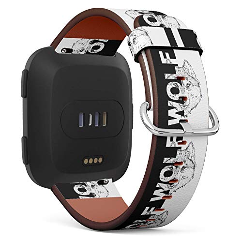 Stencil Typographical Wolf - Patterned Leather Wristband Strap Compatible with Fibit Versa,Replacement for Versa Watch Band