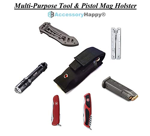 AccessoryHappy Premium Outdoor Hunting Tactical Holster Fast Mag Carry Pouch MOLE System fits Single Pistol Magazine, Knife, Flashlight, EDC Organizer Pouch EMT Mini Scissor Tool Pouch (Black)