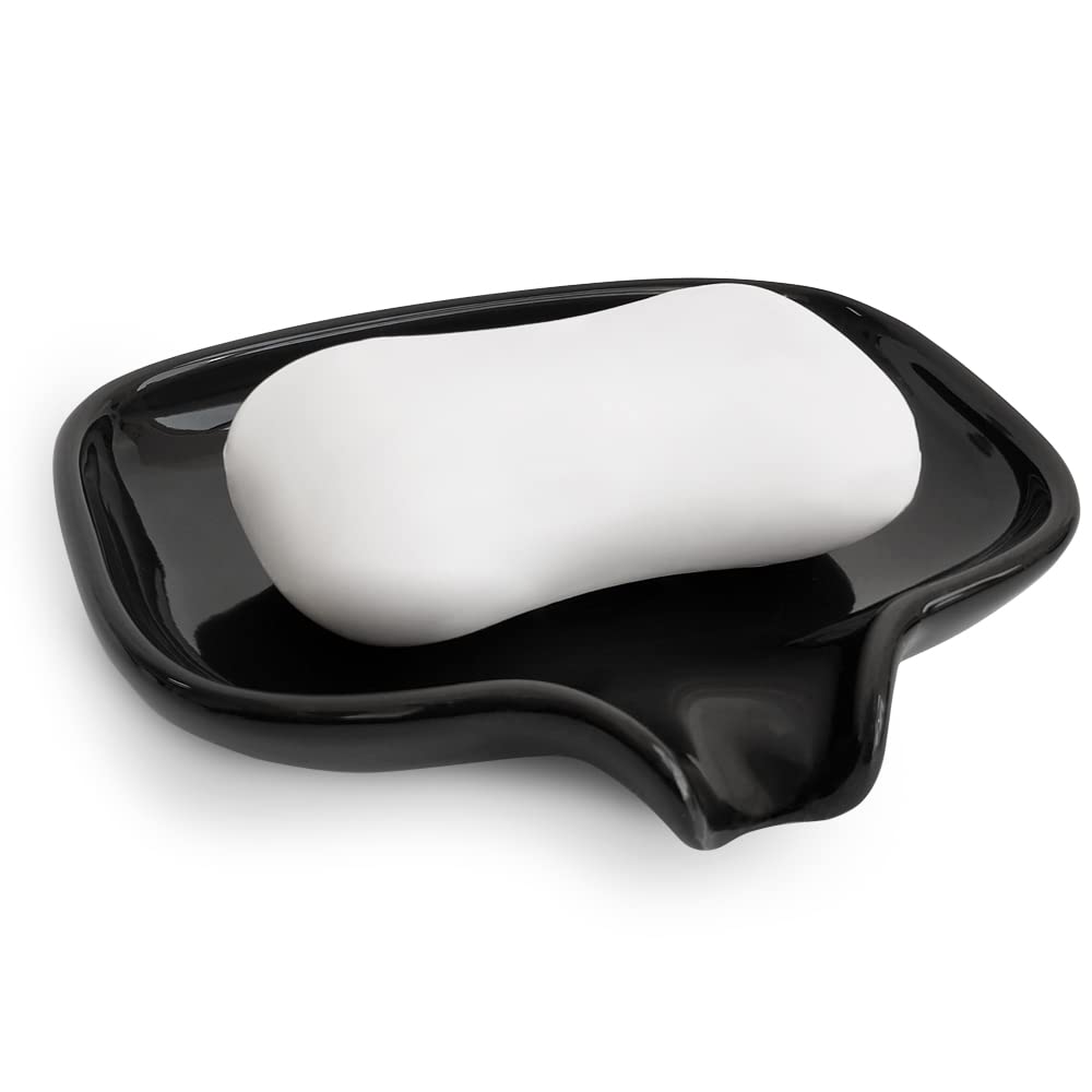 Multi-Color Ceramic Soap Dish for Kitchen or Bathroom, Easy to Clean, Self Draining Soap Holder, Keeps Soap Dry (Black)
