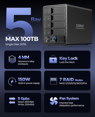 ORICO External Hard Drive Enclosure, USB 3.0 a SATA Raid Aluminium Hard Drive Enclosure for 3.5 Inch HDDs and SSDs, Supports Raid 0/1/5/10, 5x16TB(9558RU3)