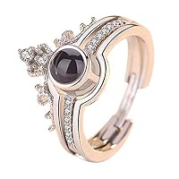 Alamana 2in1 English Letter I Love You 100 Languages Light Projection Lady Rhinestone Crown Finger Ring White Gold