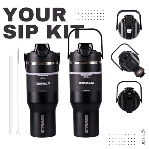 RIIZZLR® 1000ml Insulated Water Bottle Tumbler with 2-in-1 Straw & Sip Lid – Stainless Steel Vacuum Flask, Double Wall, BPA-Free, Leakproof, Wide Mouth, Keeps Drinks Hot 12H / Cold 24H (Black)