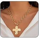 Systechy Chunky Gold Cross Necklace for Women Statement Cross Pendant Necklace Hammered Bold Crucifix Necklace Vintage Toggle Clasp Necklace Fashion Jewelry Accessary