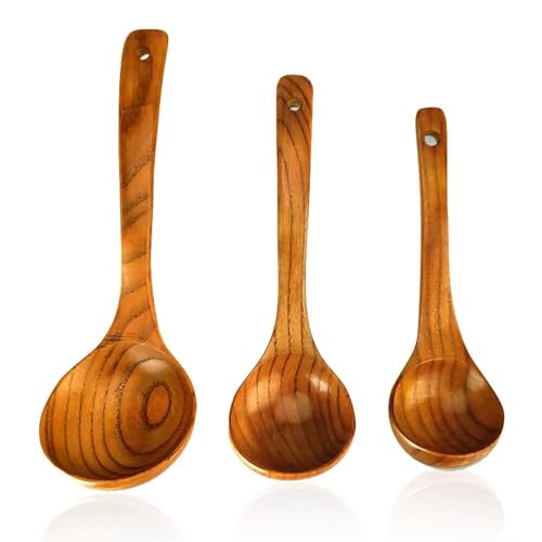 3 Pack Wooden Ladles for Serving Spoon Soup Ladle Wood Spoons for Cooking Ladel Large Bamboo Kitchen Tools Ladles Big Spaghetti Spoon Laddle Non Toxic Soup Spoons Teak deep Ladle