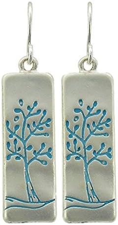 Lovely Matte Silver Tone with Light Blue Accent Tree Dangle Earrings