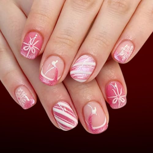 Short Square Pink French Tips Glitter Snowflake Christmas Press on Nails at Amazon