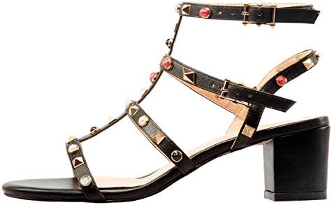 Comfity Leather Sandals for Women,Rivets Studded Strappy Block Heels Slingback Gladiator Shoes Cut Out Dress Sandals