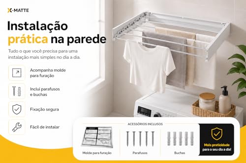 Varal Retrátil De Parede Magico Secreto Recolhível Resistente Em Alumínio Reforçado Para Lavanderia Apartamento e Economiza Espaço Invisivel Dobrável 80cm Com 5 Varetas X-MATTE (BRANCO)