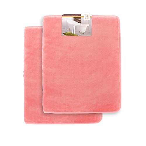 Memory Foam Bathrug 2 Pack Set - Pink (Coral) - Bath Mat and Shower Rug Small 17" x 24" Inches, Non Slip Latex Free Plush Microfiber. Comfortable, Beautiful and Maximum Absorbency.