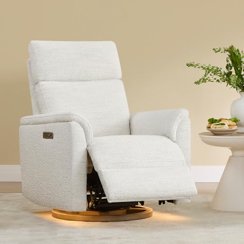 CHITA Power Swivel Glider for Adults with Nightlight, Nursery Recliner Chair with Power Headrest for Living Room, Bedroom, Water-Resistant Boucle Fabric, Boucle Fabric in Pearl | Power Headrest, Water-Resistant Fabric, Nursery Rocking Chairs for Living Room and Bedroom