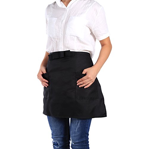 Black Half Short Aprons for Women Men Commercial Short Waist Kitchen Apron with Pockets for Waiter Waitress Restaurant Server Work(black)