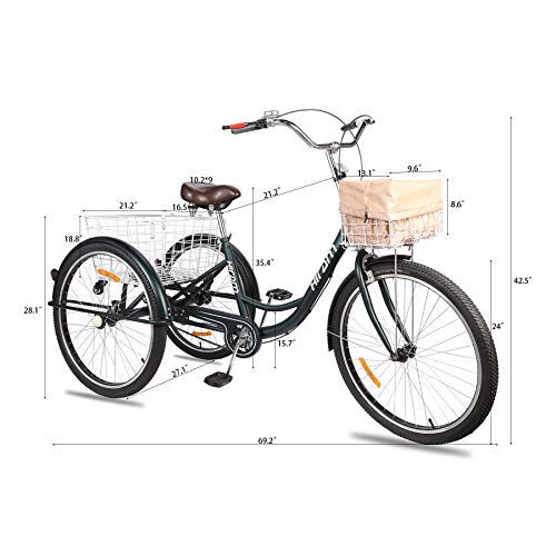 HIRAM 3-Wheeled Adult Tricycle with Foldable Basket, 24" Wheels Trike for Men and Women, Single Speed Cruise Bike, Exercise Bike for Recreation and Shopping, Water-Proof Bag and Bicycle Bell - Thumbnail 5