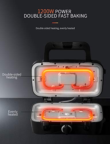 TIBEK Sandwich Maker, Waffle Maker, Sandwich Grill, 1200-Watts, Temperature Control, 3-in-1 Detachable Non-stick Coating, LED Indicator Lights, Cool Touch Handle, Anti-Skid Feet, Black