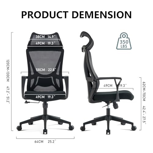 VOFFOV Ergonomic Office Chair with Fixed Wide Headrest, High-Back Mesh Desk Chair with Lumbar Support and Armrests, Swivel Computer Chair for Home Office (Black Headrest)