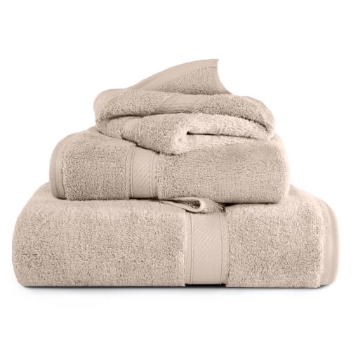 Superior 3-Piece Egyptian Cotton Towel Set, Stone: Bath, Hand, Face Towels - 900 GSM, 100% Long-Staple Combed Cotton