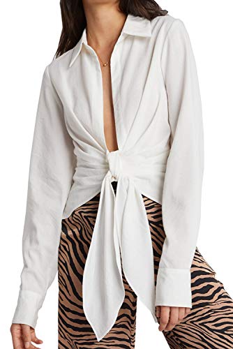 Donnalla 2019 Women Deep V Neck Long Sleeve Shirt Tie Front Kimono Cover Up Casual Blouse Tops (White, Size L)