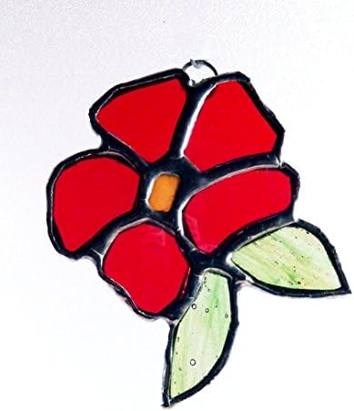 Red Stained Glass Hibiscus Flower with Green Leaves
