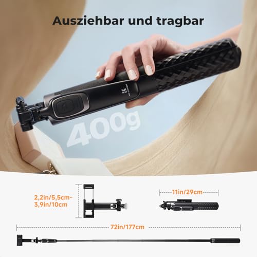 K&F Concept Selfie Stick 180 cm Self-Extending 4 Legs 360° Handle | 1/4" Gewinde inkl. Schraube, ohne Schnellverschluss-Halterung, kompatibel mit iPhone/Samsung/DJI Pocket/GoPro/Insta360, A702