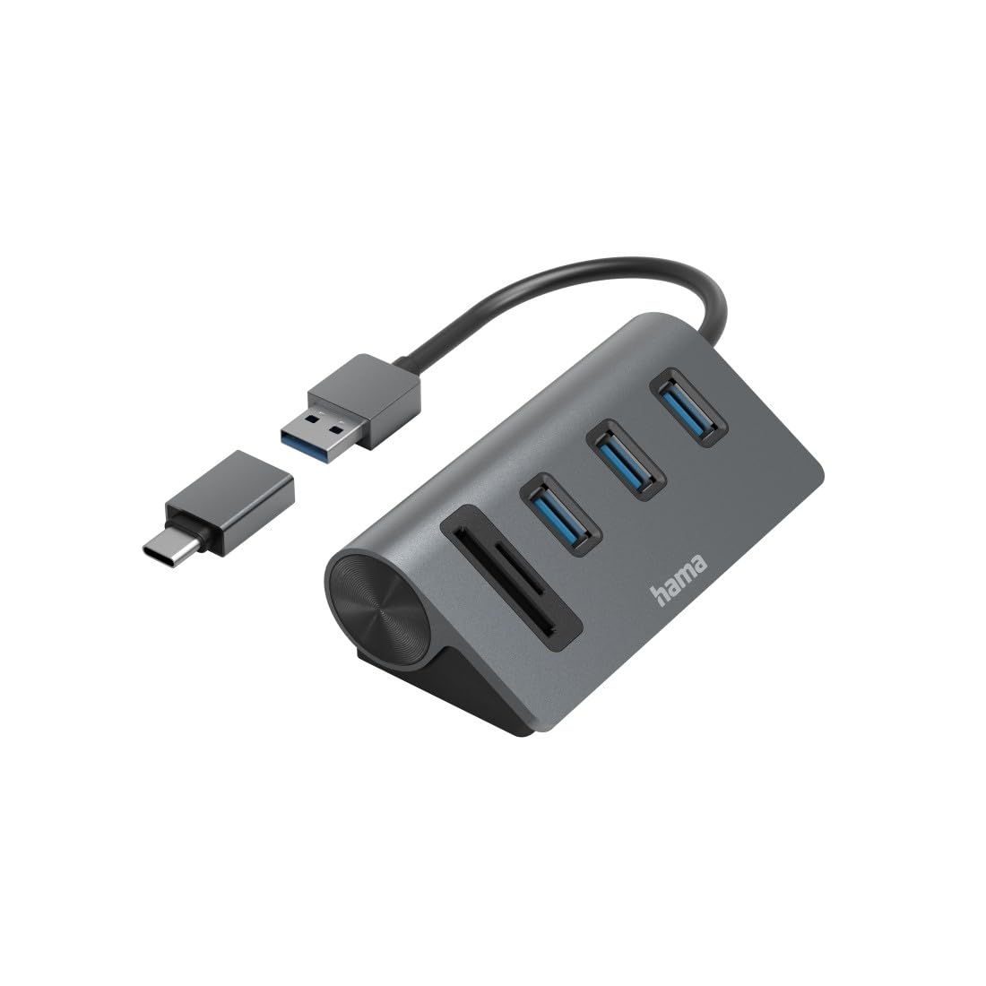 Hama USB-Hub und Kartenleser 5 Ports (3x USB-A, 1x SD, 1x microSD, mit USB-C-Adapter, bis 5 Gbit/s, Anschluss für Maus, Tastatur, Speicherkarte etc., USB-Adapter für Büro, Home Office) Aluminium